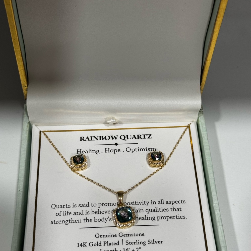 14K Gold Plated Necklace & Earring Set Rainbow Quartz